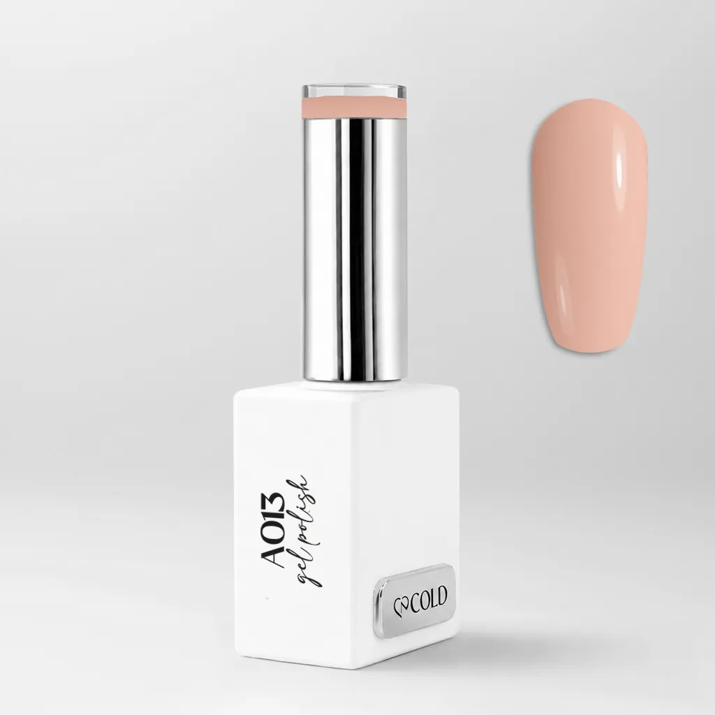 Smalto Semipermanente A013 Nude Caramel Cold Nails, flacone da 15 ml con swatch nude dorato