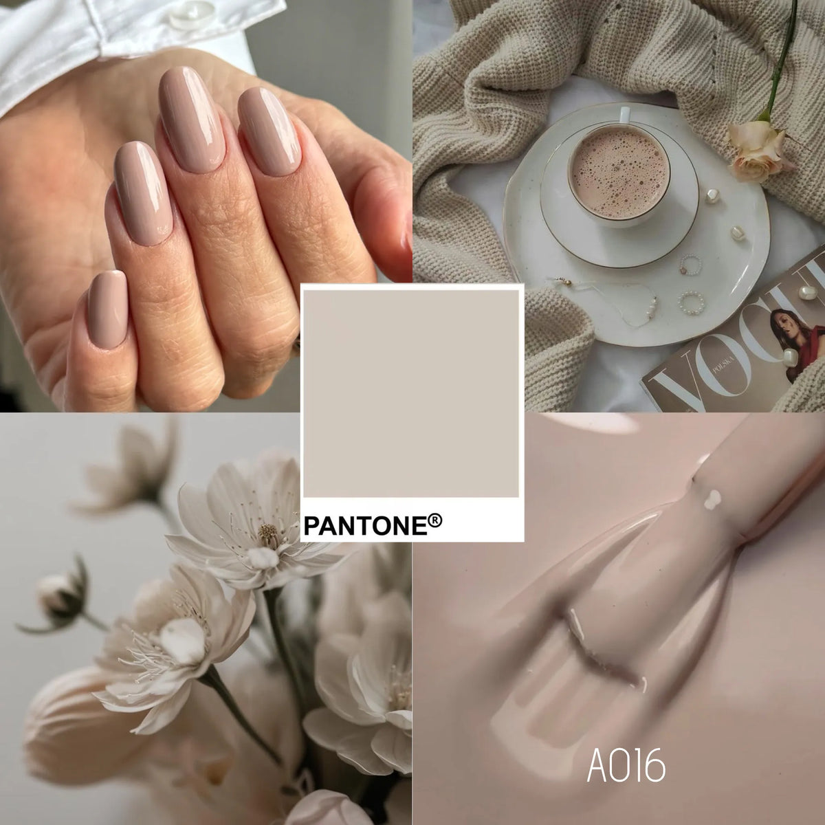 Mood board del Colore Semipermanente A016 Tortora Caffè Cold Nails, manicure e toni tortora e caffè
