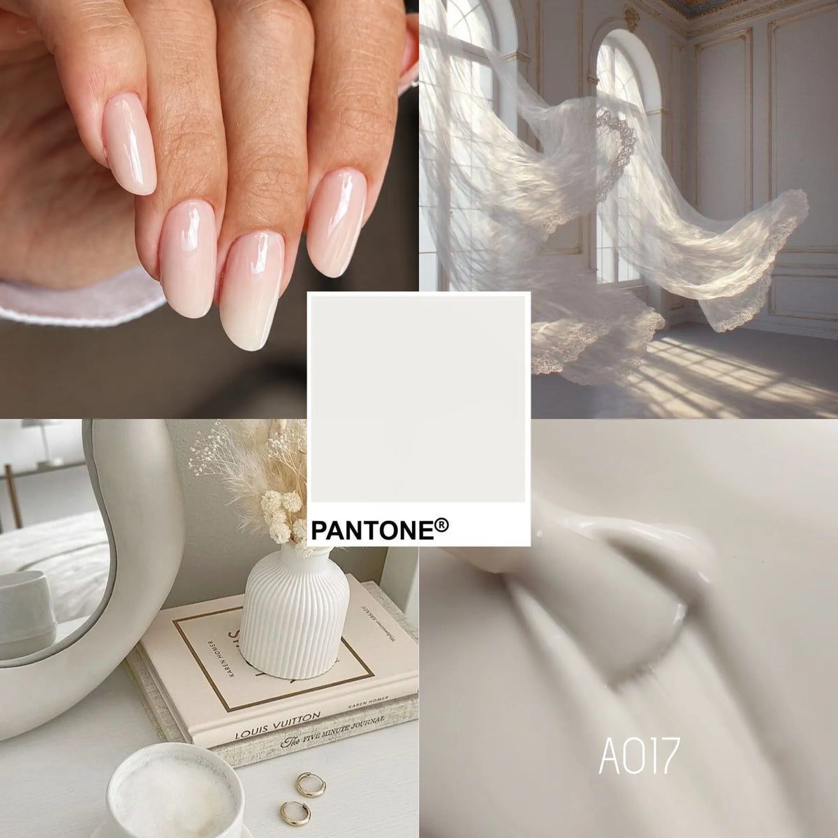 Mood board del Colore Semipermanente A017 Milk Cloud Cold Nails, manicure e toni bianco avorio e latte