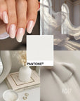 Mood board del Colore Semipermanente A017 Milk Cloud Cold Nails, manicure e toni bianco avorio e latte