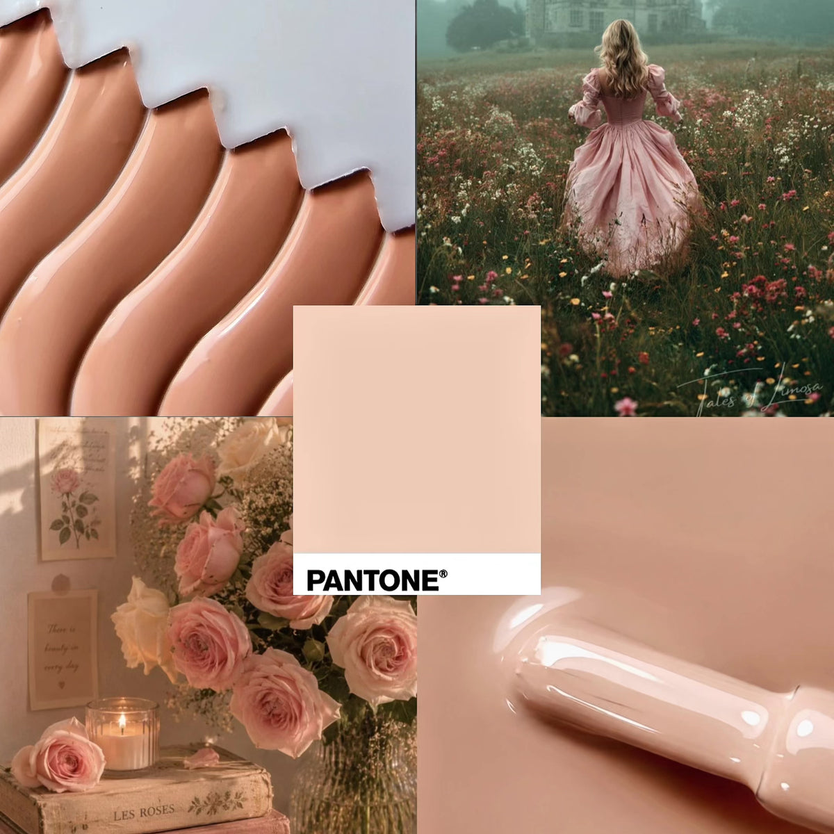 Mood board del Colore Semipermanente A013 Nude Caramel, nude dorato pesca e caramello della Collezione Princess Vibes Cold Nails