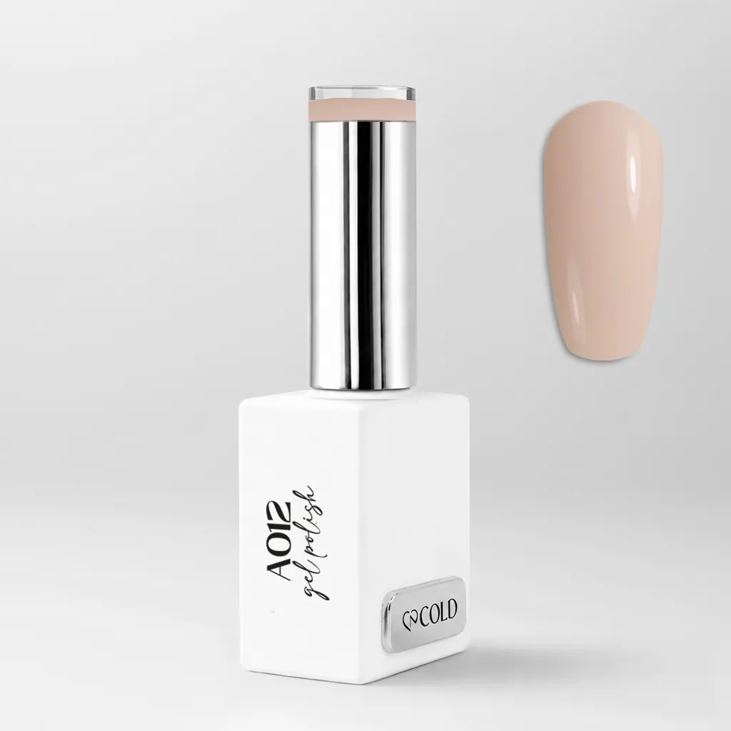 Smalto Semipermanente A012 Cashmere Cold Nails, flacone da 15 ml con swatch nude sabbia